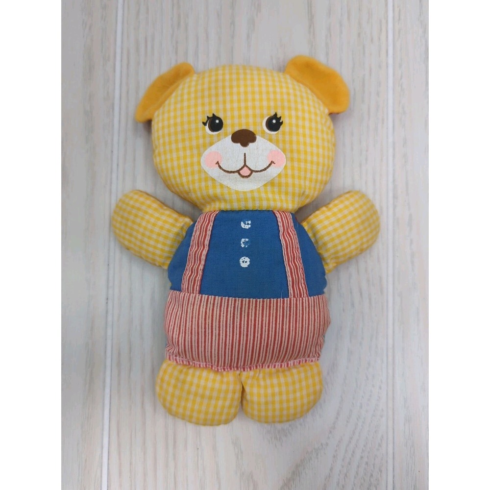 Knickerbocker yellow checked teddy bear vintage plush rattle red blue overalls